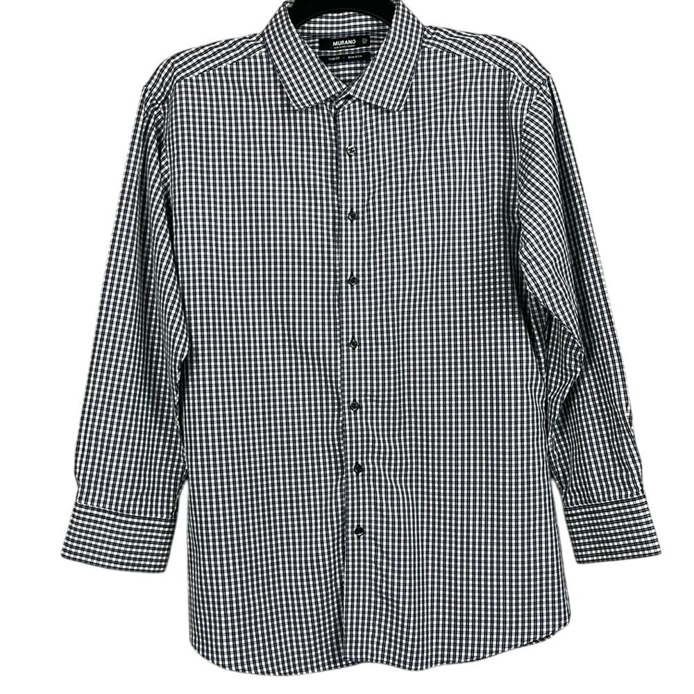 Murano Slim Fit No Iron Long Sleeve Shirt Mens Size 17 1/2 / 34 Blue White Plaid